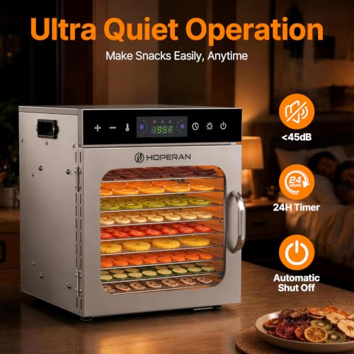 Image of HOPERAN 10 Tray Food Dehydrator Machine for Jerky, Fruit, Herb & Dog Treats | Stainless Steel, Max.196℉ Digital Temperature & Timer Control, 400W, Quiet <48dB, Including 2 Mesh Screens, 1 Fruit Roll Tray