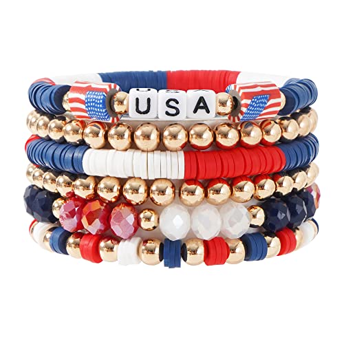 Pychee 4th of July Accessories for Women usa bracelets patriotic bracelets american flag bracelet Clay Beaded Stackable Stretch Bracelets USA Fourth of July Gifts