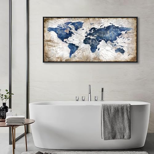 Image of World Map Canvas Wall Art Navy World Maps for Wall Vintage Modern Wall Art for Office Framed Pictures for Living Room Bedroom Wall Decoration for Home Office Decor Artwork for Walls 24x48IN