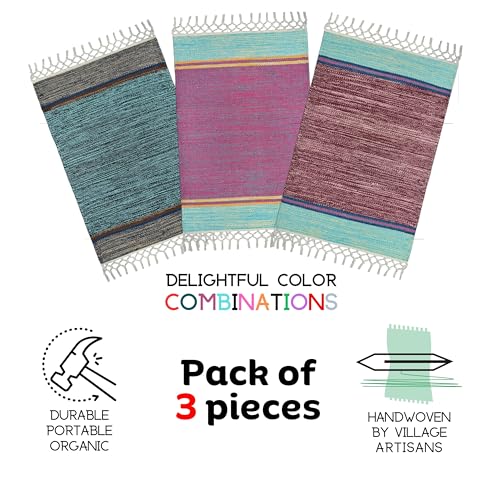 Image of Anti Slip Rectangular Door Mat, Pure Cotton, 40X60 Cm, Water Absorbing, Machine Washable Floor Mats, Best Use In Bathroom, Kitchen, Bedroom Etc. Multicolor. Pack Of 3