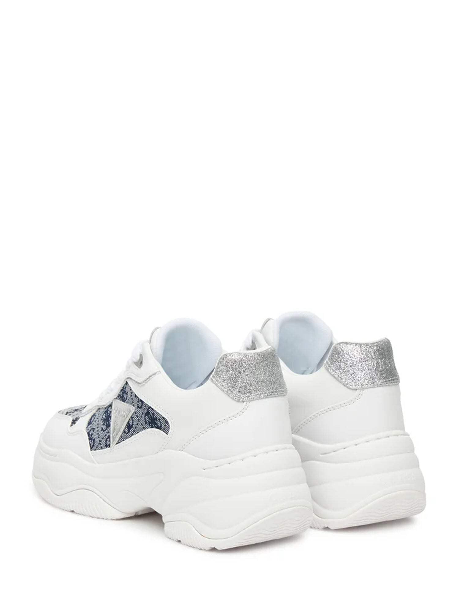 GUESS Scarpe sportive con plateau, bianco e blu, dettaglio glitter argento