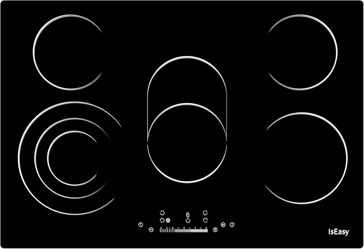 Piastra di cottura in vetroceramica elettrica (8600 W, 5 fuochi, 77 cm, da incasso, automatica, touch, timer, vetro-ceramica) Piastra di cottura in vetroceramica elettrica (8600 W, 5 fuochi, 77 cm, da incasso, automatica, touch, timer, vetro-ceramica)
