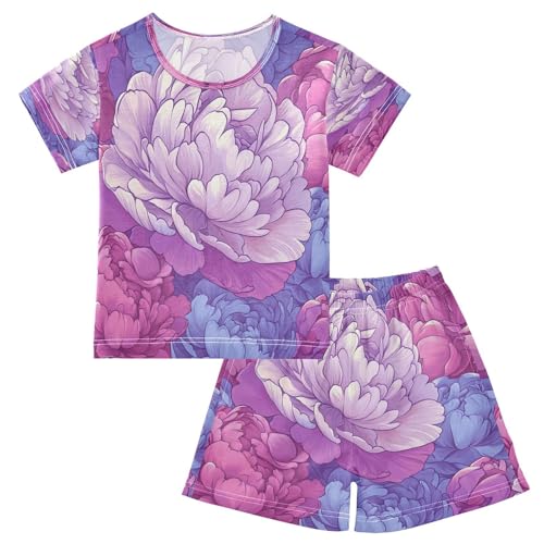 Pajama Sets Short Sleeve Floral Design with Colors Soft Cotton Summer Sleepwear 2 Piece PJS Size 5-14T