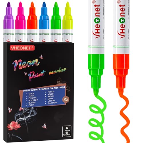 Neon Fluorescent Paint Marker Pens - 6 Colors Oil-Based Paint Markers Medium Tip Quick Drying and Waterproof Permanent UV Marker for Ceramic Plastic Glass Rock Wood Canvas Metal Fabric