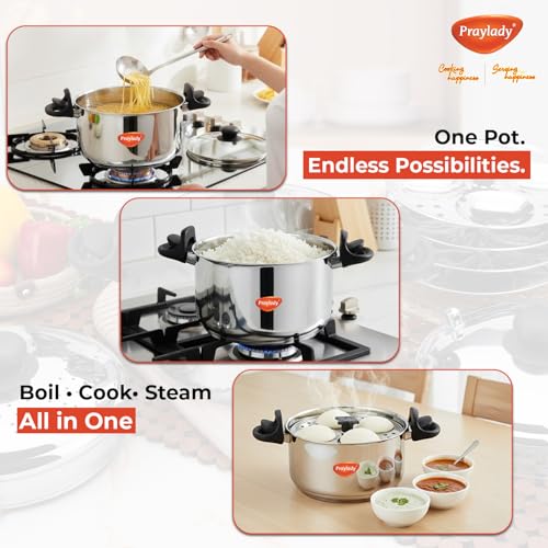 Image of Praylady Strainer Pro Max 4.2L | 304 Grade Stainless Steel | Triply Bottom | Multi-Purpose Pot - Idli Cooker, Pasta Pot, Rice Cooker | 16 Idli Capacity | Induction & Gas Compatible.