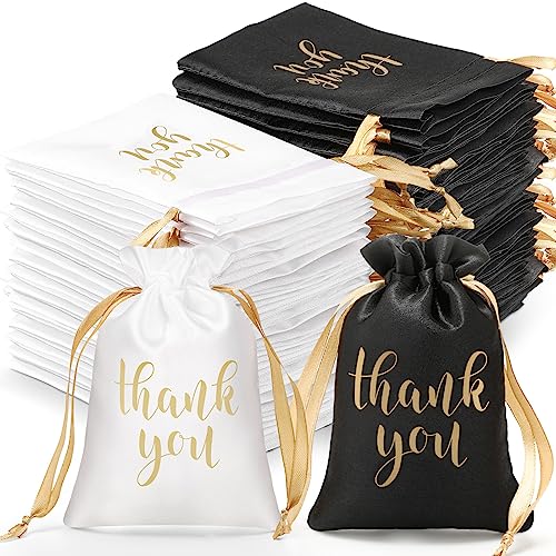 Sieral 50 Pcs Thank You Satin Gift Bags Bulk, Black and White, 4 x 6 Inch