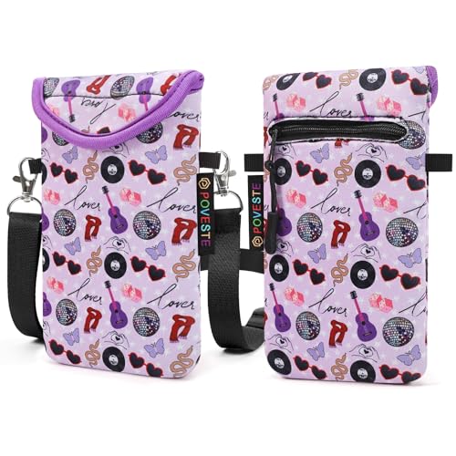 Image of POVESTE Neoprene Cell Phone Sleeve Pouch Case Bag with Crossbody Strap Lanyard for Women, Flap Closure Secure Cell Phone Bag with Pocket for Cards, Cash. (On Tour Purple)