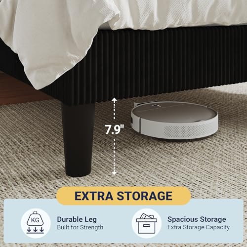Image of Allewie Full Bed Frame, Corduroy Tufted Headboard, Black | Soft Corduroy Fabric, Adjustable Headboard, 800 lb Capacity, Wooden Slats, No Box Spring Needed, Easy Assembly