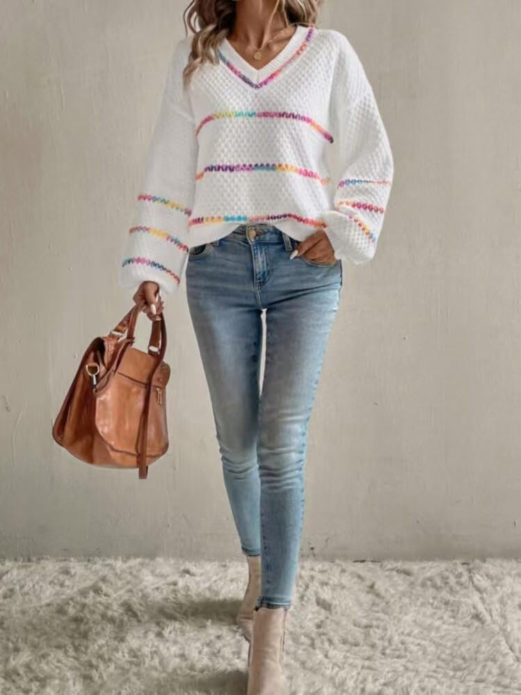 Women's Striped Fall Long Sleeve Sweaters Oversized Knit V Neck Pullovers Drop Shoulder Tops 2025 Trendy Outfits4