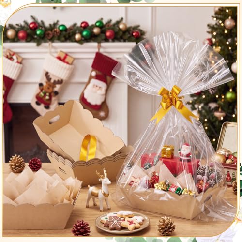 Image of Fuyoooo 8 Pack Kraft Baskets for Gifts Empty to Fill, Sturdy 10 inch x 12 inch Scalloped Edged Empty Gift Basket Kit Bulk with Handles, 8 Wrap Bags, 16 Tissue Paper and 8 Bows for Wedding Party