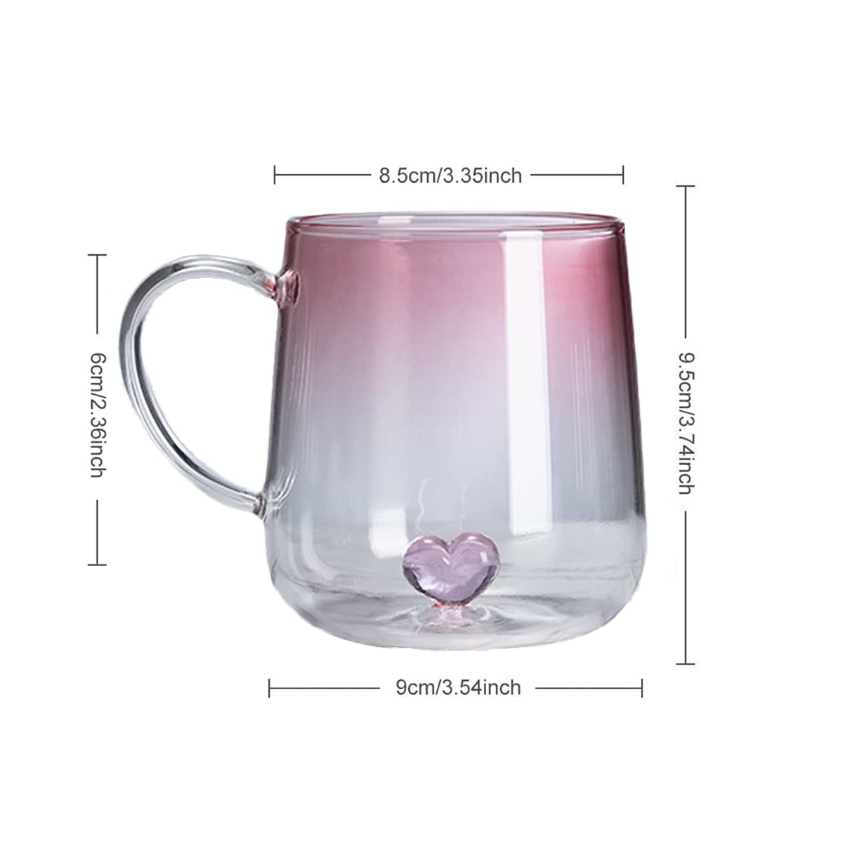 3D Heart Design Drinking Glasses Cup Mug, Pink Gradient Glassware for Coffee Juice Milk Water 17oz / 500ml