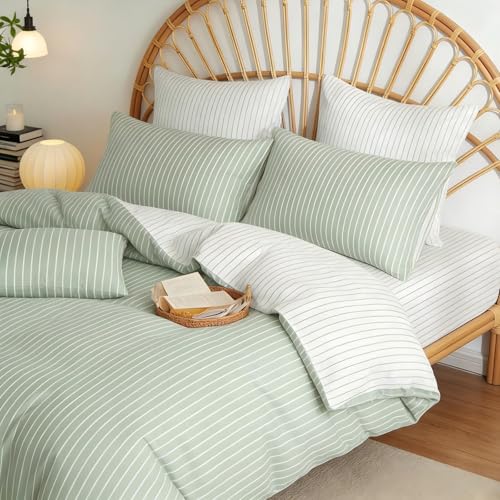 Freyamy Bettwäsche 200x200 Baumwolle Grün Weiß Gestreifte Bettwäsche Set – Ansicht 4