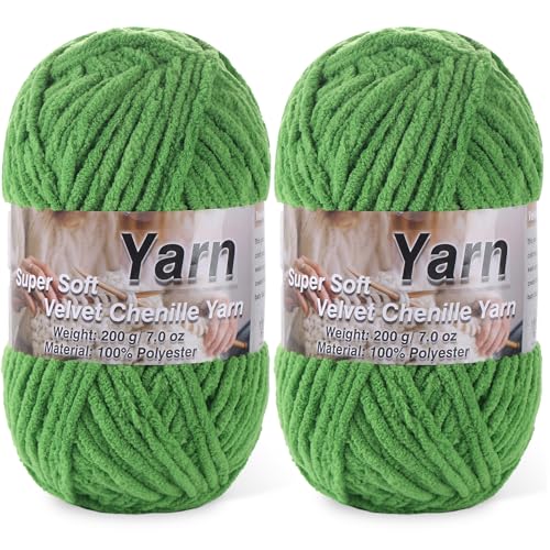 Image of 2 * 200g /7oz Chunky Chenille Yarn for Baby Blanket Yarn for Crocheting - Super Soft Chenille Plush Yarn - Bulk Thick Yarns Used for Making Scarves, Blankets, DIY Craft (Green)