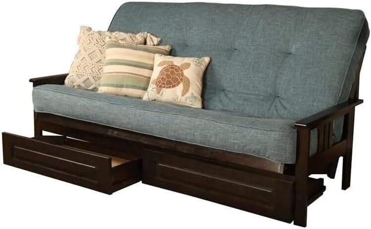 Maykoosh Seaside Style Wooden Queen Futon Frame Set with Mattress, Straight Arm and Storage Drawers, Versatile and Convertible Design Espresso/Linen Aqua