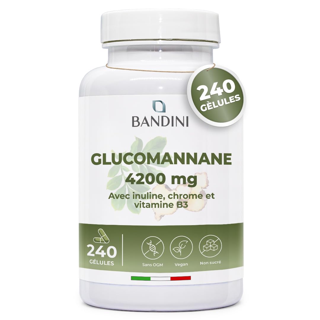 Bandini® Glucomannane Konjac Extra Fort - 240 Gélules 4200mg par jour - Glucomannan enrichi en Chrome, Inuline et Vitamine B3 - Fibre végétale de la racine de konjac - Supplément puissant et efficace