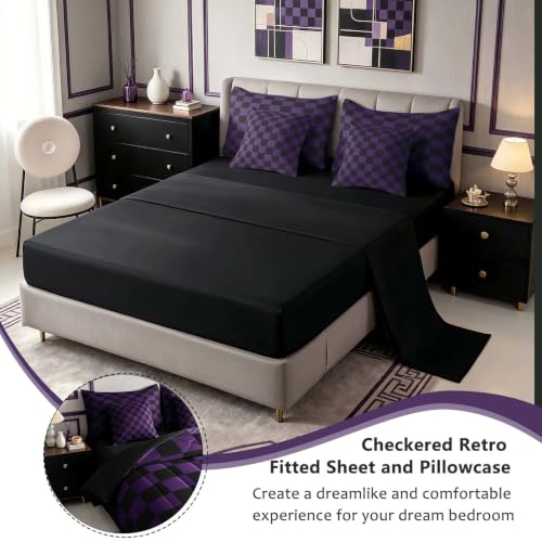 Image of Feelyou Checkered Queen Comforter Set with Sheets for Kids Boys Girls Purple Black Plaid 7 Pieces Bedding Set Cute Retro Neutral Checkerboard Geometric Bed in a Bag Vintage Aesthetic Room Decor Soft