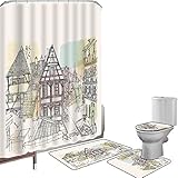 Duschvorhang Set Badezimmerzubehör Teppich Deutsche Badematte Contour Teppich Teppichbezug Historische traditionelle Szene Nürnberg Deutschland klassische Holzhäuser Illustration,mehrfarbig, Rutschfes