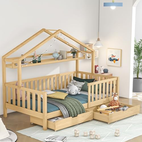 Kinder Hausbett 90x200 Mit Rausfallschutz - Kiefernholz 2-in-1 Bett Für Geschwister