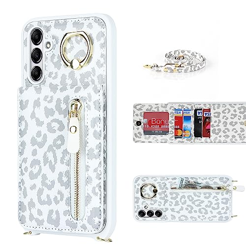 DEYHU Samsung Galaxy A14 5G Case with Card Holder for Women, Galaxy A14 5G Phone Case Wallet with Strap Credit Card Slots Crossbody with Zipper Shockproof Case for GalaxyA14 5G - White Leopard
