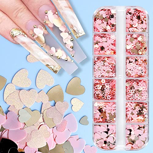 12 Grids Heart Nail Art Glitter Sequins Valentine's Day Nail Art Stickers 3D Holographic Love Heart Nail Glitter Flakes Nail Art Supplies Valentines Day Nail Sequins For Women Girls Acrylic Nails Diy #TOP2