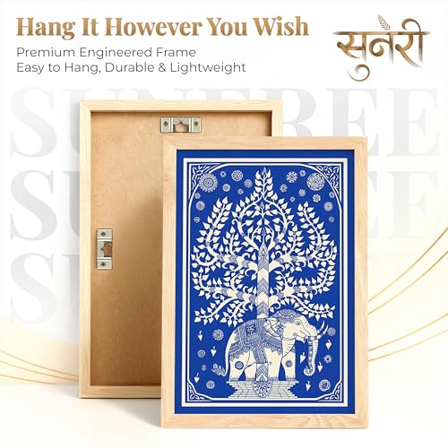 Image of Suneree Blue White Elephant Tree of Life Wall Art Painting | Set of 2 Framed Paintings | Indian Folk Art Decor for Living Room Bedroom Home Office | (ART 10, 10x13 INCHES)