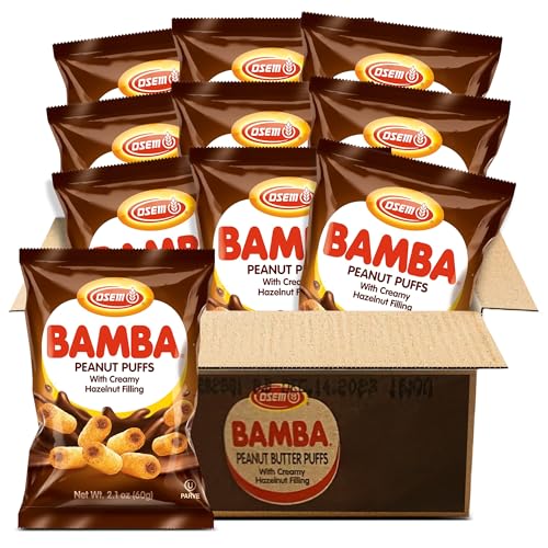Osem Bamba Peanut Butter Puffs with Creamy Hazelnut Filling - Kosher Crunchy PB Snack with Chocolate Center Oven Baked Treat with a Crunch - 2.1 oz Bag (Pack of 10)