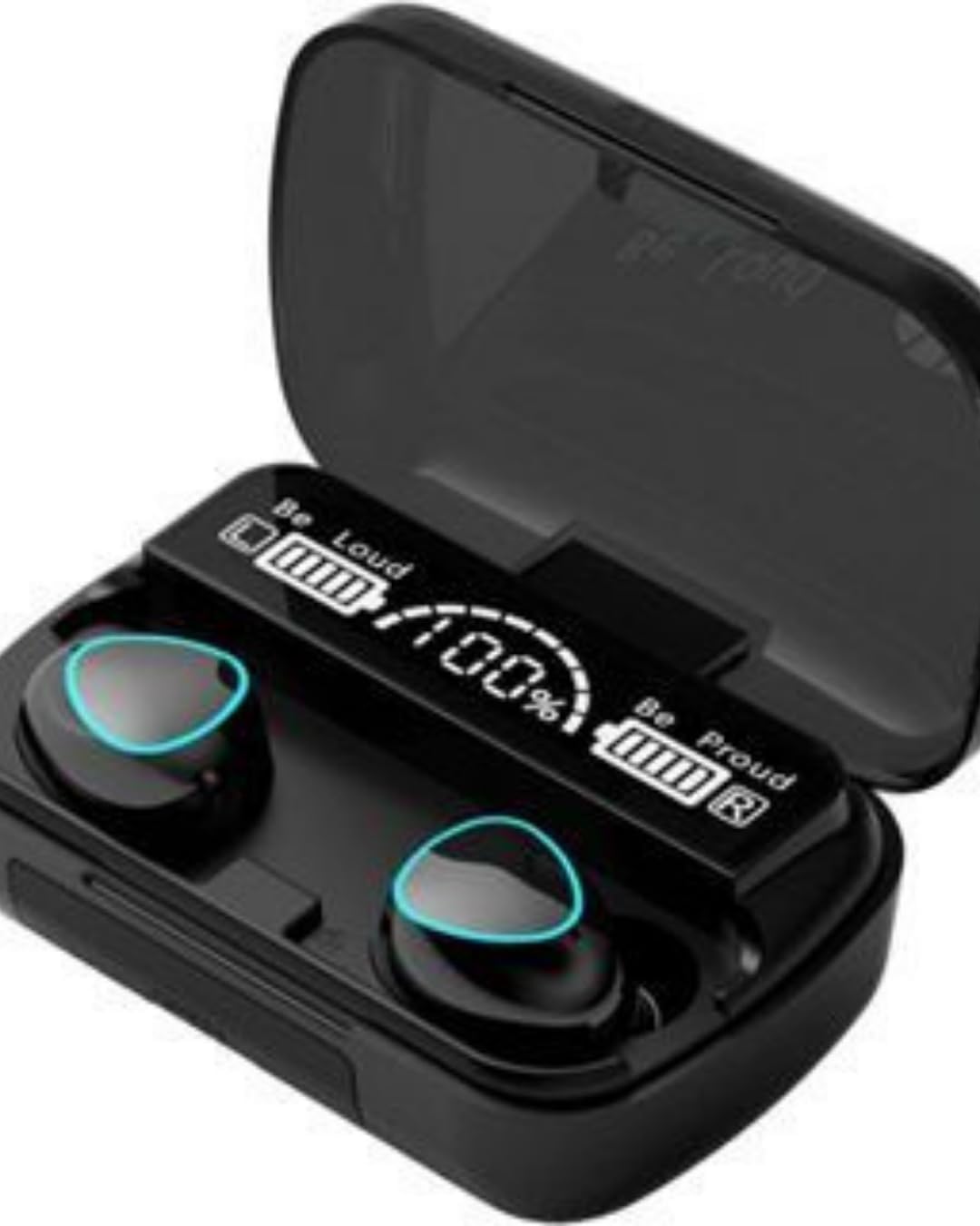Fone de ouvido sem fio POTIPO M10-TWS Bluetooth 5.1 no estojo com display LED mostrando nível de bateria.