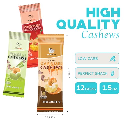 Image of NEWBAM Party Mix Cashews - 12 Individual Packs (1.5oz) - 3 Bold Flavors | 4 packs each: Wasabi, Tom Yum, Sea Salt Caramel. Vegan. Individually sealed. Perfect for gifting & office snacking.