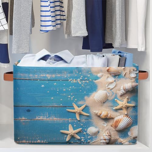 Image of Blue Wooden Board Storage Baskets for Organizing, Fabric Collapsible Storage Bins Box Seashells Decorative Toy Organizer Baskets for Closet Shelves Gift Basket 2Pcs