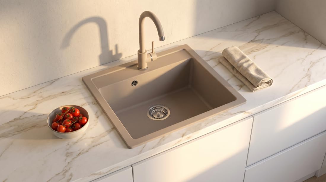 Lavello DIGIT Vasca Singola Lavello In Granito 56x51x21cm Beige, Lavello Da Cucina Di Alta Qualità Con Sifone, Troppo Pieno, Facile Da Pulire, Resistente Ai Graffi, Design Moderno