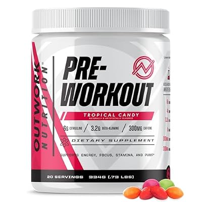 Outwork Nutrition Preworkout for Men & Women - Nootropic Pre Workout Without Creatine, Pre-Workout Powder with Taurine Rhodiola Citrulline Malate Beta Alanine Caffeine (Tropical Candy)