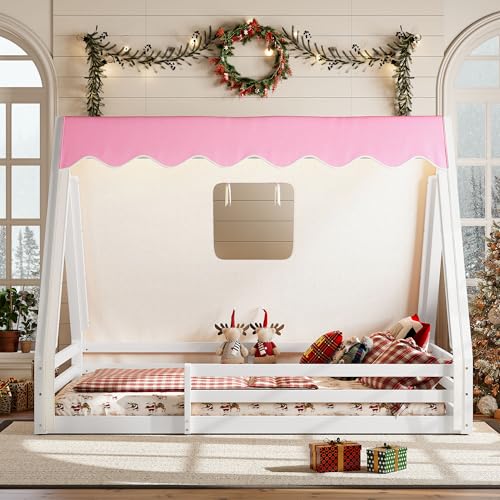 Image of CZBZ Full Size House Floor Bed with Canopy Tent and LED Lights, Wood Teepee Montessori Floor Beds Frame with Guardrails for Kids, Playhouse Design for Safe Sleep & Imaginative Play