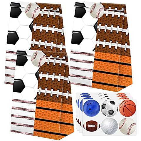 BonBeeDesign Sports Party Favors Candy Bags with Stickers - Sports Goodie Gift Treat Bags - Sports Themed Birthday Party Supplies Cover