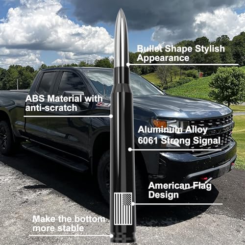 Image of Car Truck Bullet Antenna with Tire Valve Caps American Flag Universal Short Replacement for GMC Sierra Chevy Silverado Dodge Ram 1500 2500 3500 Ford F150 F250 F350 Super Duty Raptor Accessories Silver