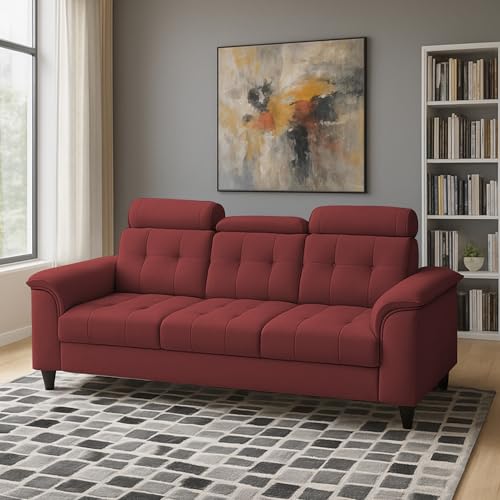 Image of Casaliving Ella 3 Seater Sofa Set for Living Room (Maroon Colour Fabric) Premium Fabric Sofa