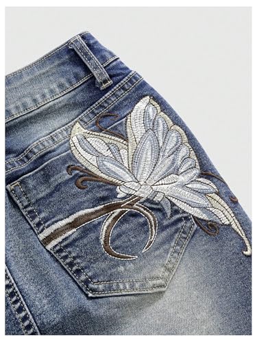 Milumia Women's Butterfly Embroidery Denim Mini Skirt Low Waist Bodycon Jean Skirt with Pockets3