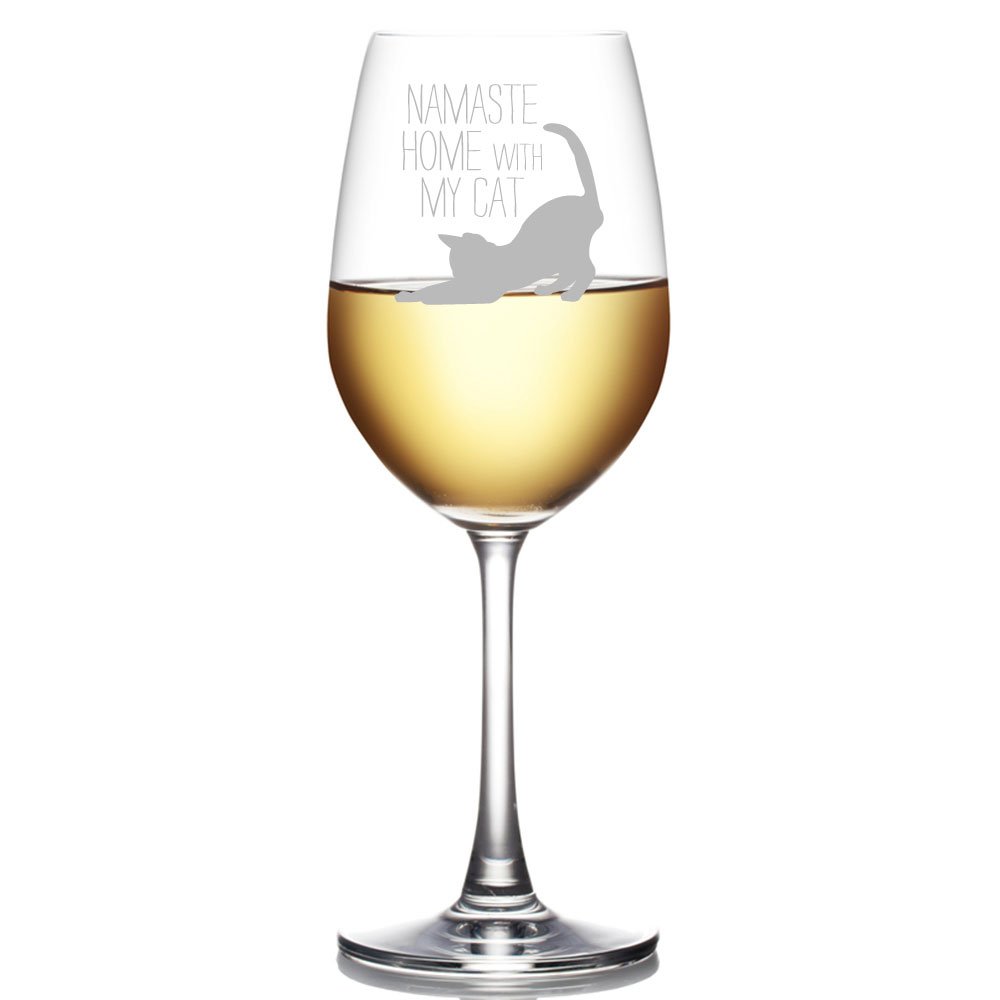 Namaste Home With My Cat Engraved 18-ounce Wine Glass