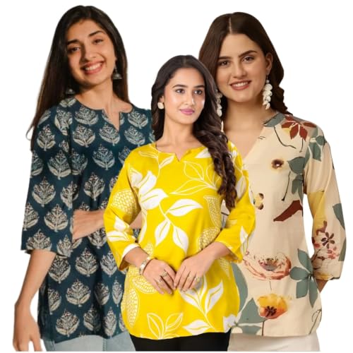 Image of Women's Printed Short Kurti Tops Rayon Cotton Blend Tunic Combo