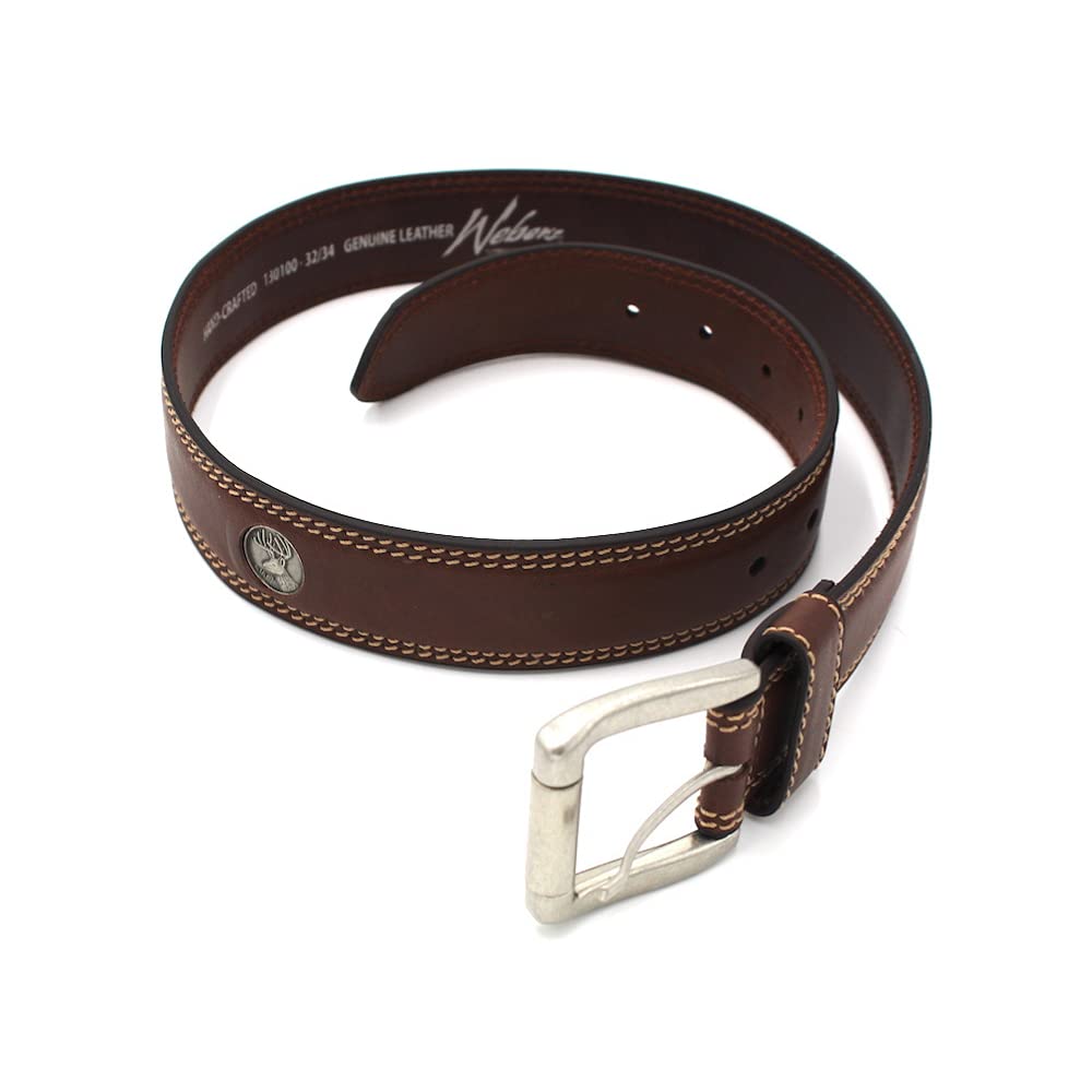 Brown Double Stitch Genuine Leather Casual Men’s Belt with Buck Concho