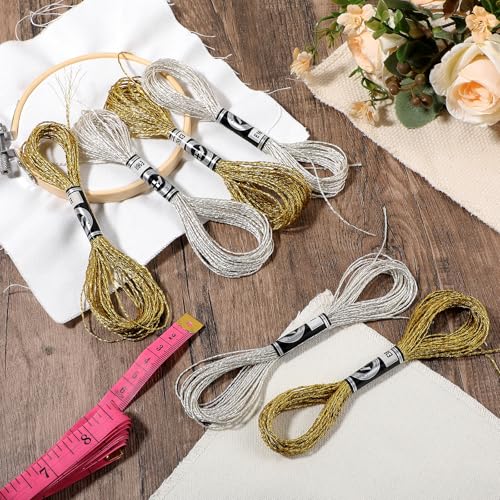 Image of Metallic Embroidery Floss, 6 Skeins Glitter Silver & Gold Embroidery-Thread Set, Embroidery Floss Set, Gold Thread for Crafts, Polyester Sewing Embroidery-Floss Cross Stitch Thread Bracelets Threads