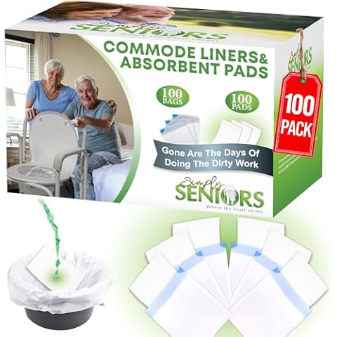 Commode Liners with Absorbent Pads - 100 Bedside Commode Liners & Pads - Portable Toilet Bags for Porta Potty & Camping - No More Days Washing The Bucket of The Commode Chair for Toilet with Arms Cover