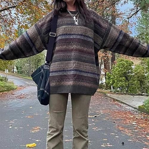 Image of Women Vintage Striped Pullover Sweater Y2k Long Sleeve Crew Neck Loose Knit Sweaters Fall Winter Knitwear
