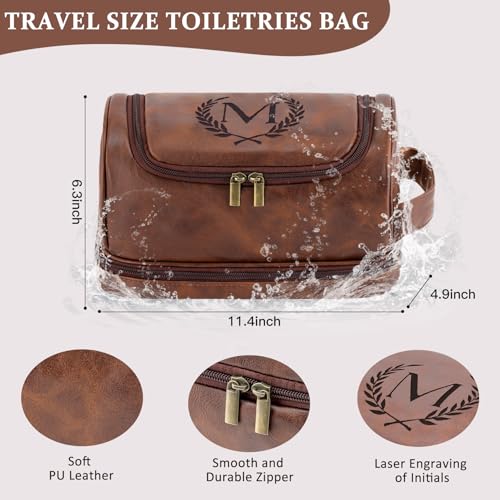Personalized Christmas Birthday Gifts Toiletry Bag for Men Dad Husband, Custom Initial PU Leather Waterproof Toiletry Organizer Dopp Kit Shaving Bag Travel Essential for Men, Reddish Brown J3