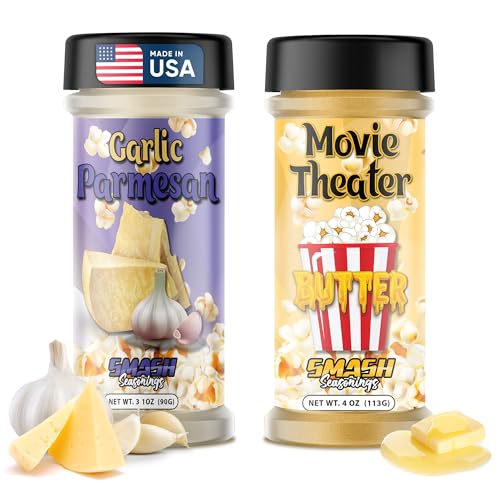 Garlic Parmesan & Movie Theater Butter Popcorn Seasoning Shaker – Bold Garlic Parmesan & Buttery Movie Theater Flavor – Sprinkle for Popcorn, Fries, Pasta, Veggies, Snacks, Gatherings (2 Pack)