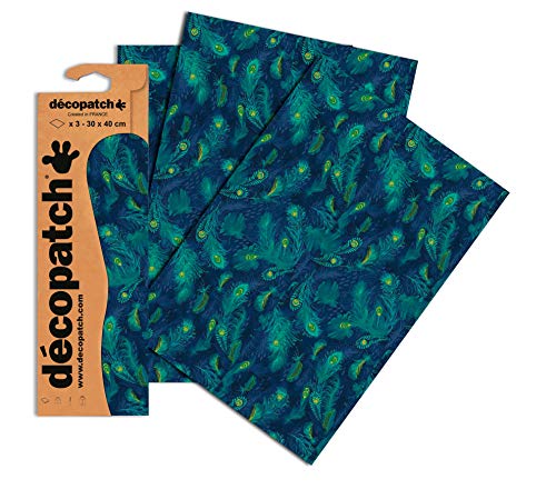 Decopatch Papier No. 722 (blau Grün Pfauenfeder, 395 x 298 mm) 3er Pack