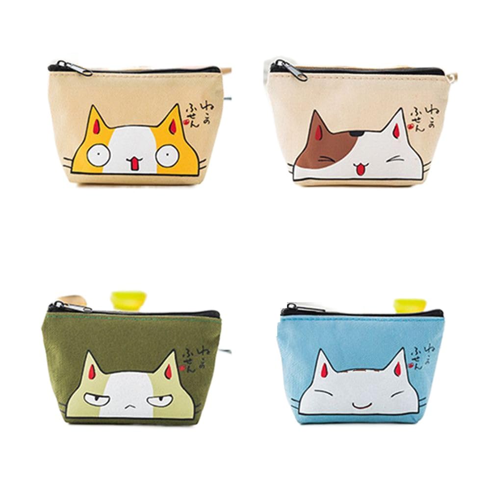 4 Pack Cat Printed Small Coin Purse, Cartoon Wallet Purse Holder Oxford Cloth Pouch Change Bag for Coin, Credit Card, ID Card, Keys, Lipstick