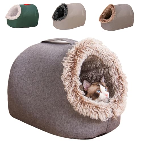 Enclosed Cozy Winter Pet Cave Bed, Warm Cat Bed Igloo with Removable Washable Cushion, Enclosed Cat Cave for Indoor Cats for Comfort & secure, private (KHAKI,M(40 * 33))