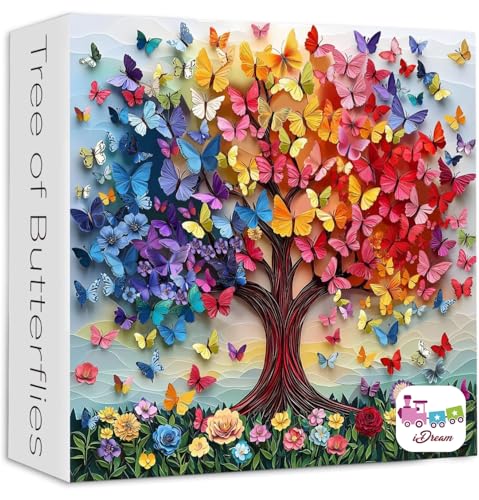 Image of iDream 1000 Pieces Jigsaw Puzzle - Artistic 3D Design, Colorful Wall Decor, Challenging Puzzle Gift for Friends & Family (Butterfly Tree)