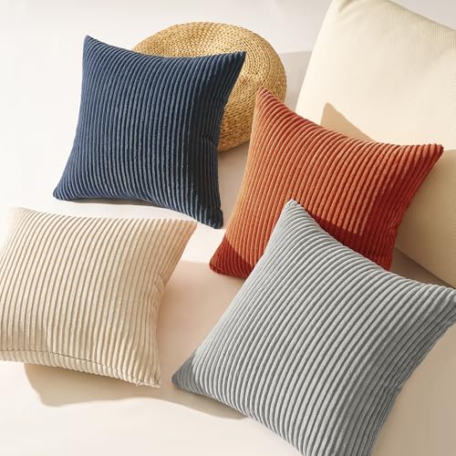 Image of Topfinel 20x20 Set of 4 Boho Couch Throw Pillows Decorative Velvet Pillow Covers for Bed Accent Nordic Corduroy Pillowcase Sofa Living Room Home Decor Blue and Yellow