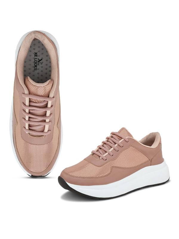 XE Looks Women Graphic Print Design Lace-Up Sneakers | Comfortable Lightweight Casual Wear Shoes for Girls |, Stylish and Fashionable Footwear for Office, Party, Gym, Running (Peach) (B0D5BK6CSR) Amazon Price History, Amazon Price Tracker
